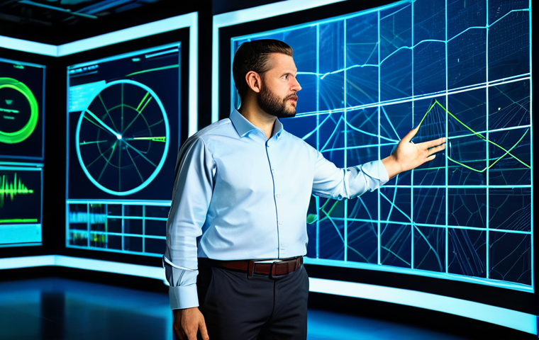 A focused, professional male network architect, late 30s, dressed in a modest business casual shirt and trousers, fully clothed. He stands in front of a massive, interactive holographic display, gesturing towards a dynamic network topology map with data flowing, natural pose, well-formed hands, proper finger count. The setting is a futuristic, clean network operations center (NOC) with glowing server racks in the background, sleek workstations, and ambient blue and green lighting. The image emphasizes centralized control, automation, and agility in network management. High detail, volumetric lighting, professional photography, perfect anatomy, correct proportions, natural body proportions, safe for work, appropriate content, fully clothed, professional dress, modest clothing.