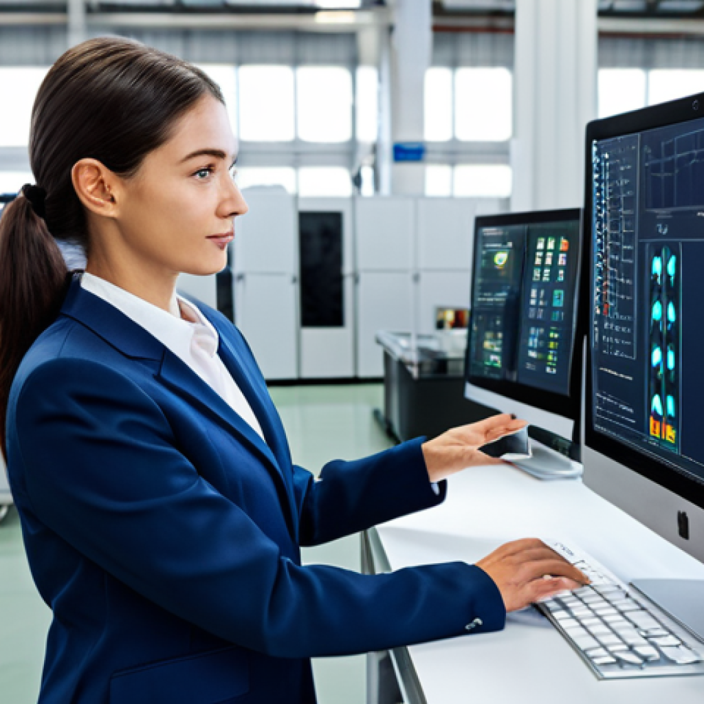 **

A professional businesswoman in a modest business suit, working in a smart factory, overseeing automated product inspection via computer vision, fully clothed, appropriate attire, safe for work, perfect anatomy, natural proportions, professional photography, high quality, family-friendly.

**