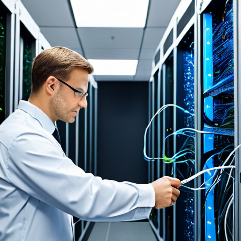 "A network engineer in a clean data center, inspecting fiber optic cables, professional attire, fully clothed, safe for work, correct proportions, perfect anatomy, family-friendly, high-resolution, sharp focus, professional."