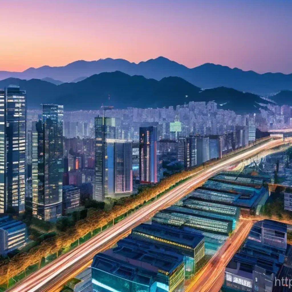 차세대 비디오 코덱 기술 - A futuristic and vibrant cityscape of Gwangju at dusk, illuminated by glowing lines of data and ener...