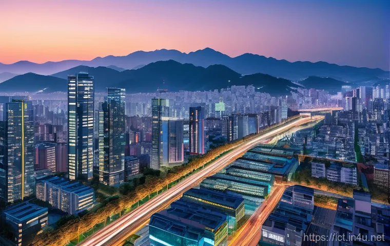 차세대 비디오 코덱 기술 - A futuristic and vibrant cityscape of Gwangju at dusk, illuminated by glowing lines of data and ener...