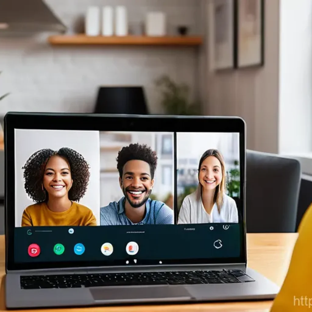 웹RTC 기반 실시간 통신 - A group of diverse young adults, smiling and engaged in a seamless video conference call. One person...