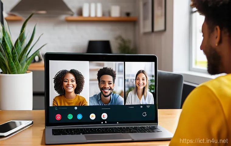 웹RTC 기반 실시간 통신 - A group of diverse young adults, smiling and engaged in a seamless video conference call. One person...