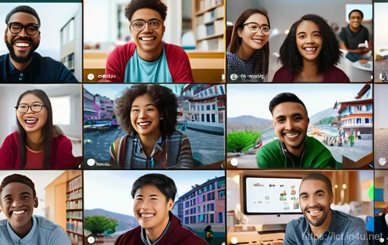 웹RTC 기반 실시간 통신 - A group of diverse young adults, smiling and engaged in a seamless video conference call. One person...