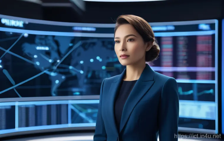 차세대 방송 기술 - A sophisticated, modern female AI news anchor, appearing lifelike and composed, stands in a futurist...