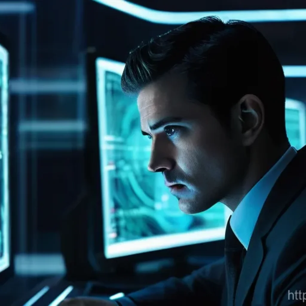 네트워크 포렌식 기술 - **Prompt:** A focused digital detective, wearing a sleek, dark-colored cybersecurity suit, is intens...