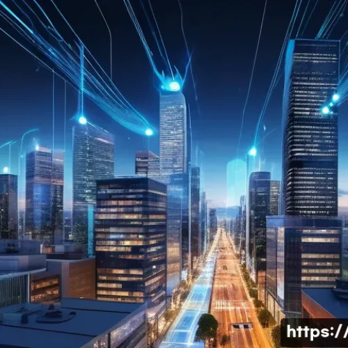 5G 네트워크 구조 - A futuristic urban scene showcasing a dense network of 5G small cell base stations installed on stre...