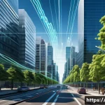 다중 경로 페이딩 모델 - A detailed urban wireless communication scene illustrating multipath propagation: a modern cityscape...