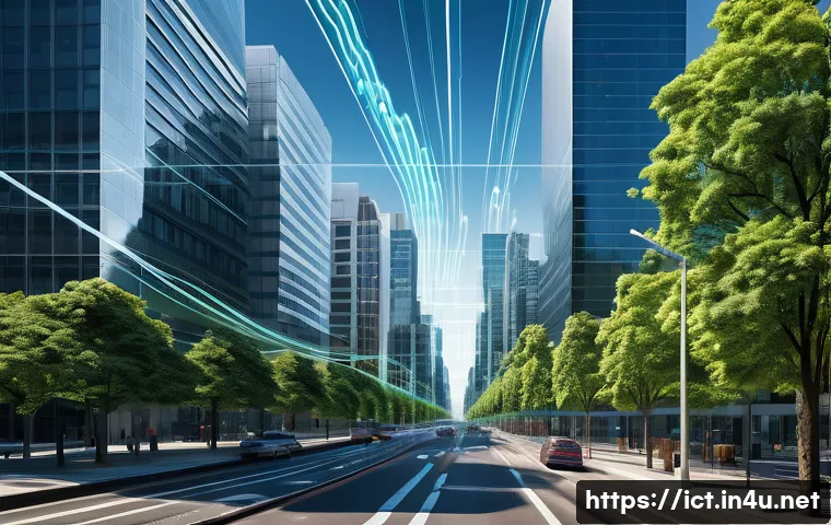 다중 경로 페이딩 모델 - A detailed urban wireless communication scene illustrating multipath propagation: a modern cityscape...