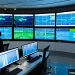 스마트 그리드 네트워크 - A futuristic smart energy control room showcasing real-time power monitoring on multiple large digit...