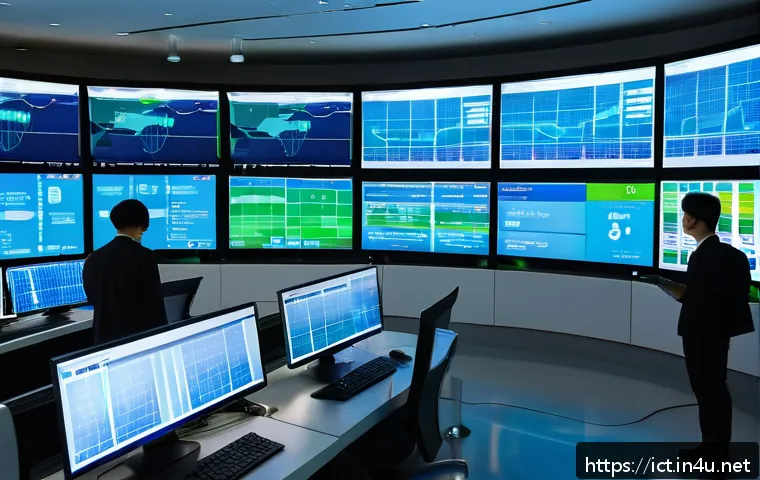 스마트 그리드 네트워크 - A futuristic smart energy control room showcasing real-time power monitoring on multiple large digit...