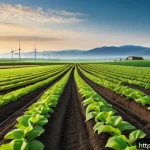 LoRa 및 LPWAN 개념 - A futuristic smart agriculture scene depicting a vast farm with IoT sensors monitoring soil moisture...