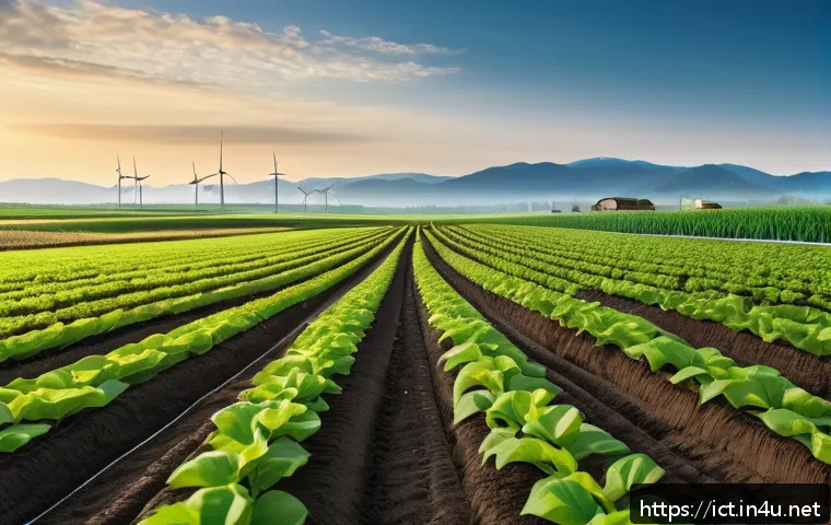 LoRa 및 LPWAN 개념 - A futuristic smart agriculture scene depicting a vast farm with IoT sensors monitoring soil moisture...