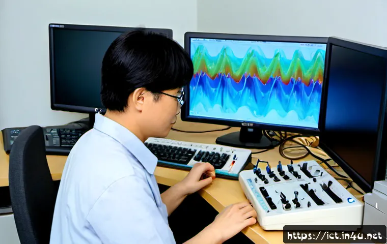 Home 17 신호 간섭 및 제거 기술 - Photorealistic telecommunications engineer in a clean modern laboratory, carefully adjusting a compa...
