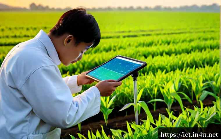 무선 센서 데이터 융합 - Photorealistic smart agriculture scene at sunrise, a farmer in clean practical work clothes examinin...