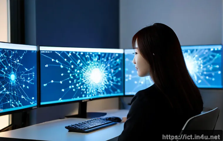 빅데이터 네트워크 분석 - Photorealistic modern data analytics office, diverse business analyst seated at a clean desk viewing...